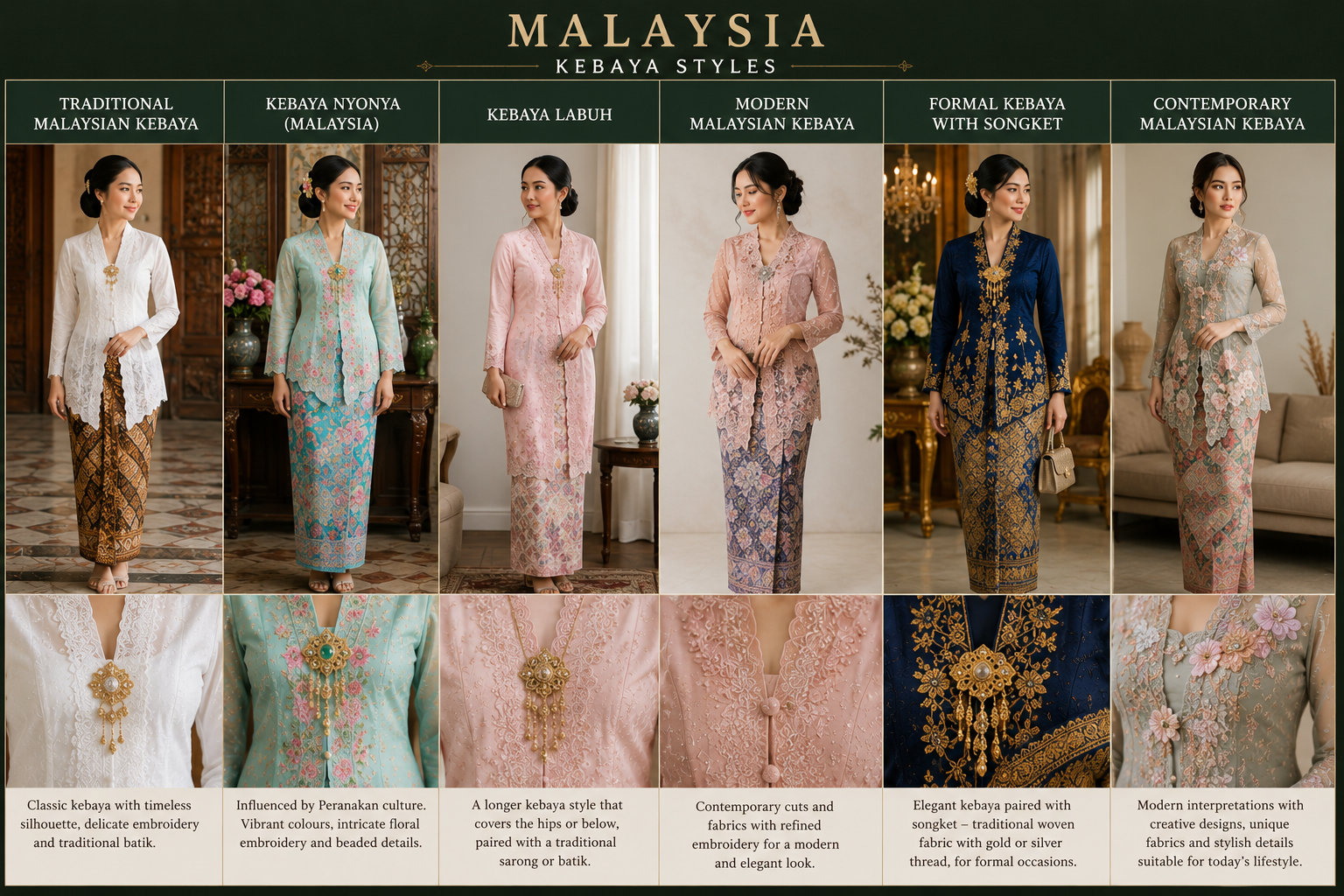 Malaysia: Kebaya Styles — six styles side by side, each shown full length with a close-up of its neckline and brooch. The traditional Malaysian kebaya in white lace over batik; the Kebaya Nyonya of Malaysia in mint with pink floral embroidery and beadwork; the Kebaya Labuh, a longer cut reaching the hips or below, worn with a sarong; the modern Malaysian kebaya in blush with refined embroidery; the formal kebaya in navy paired with gold-threaded songket; and a contemporary kebaya in sage with sheer fabric and applied blossoms.